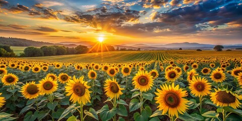 Fototapeta premium Golden Sunbeams Illuminating a Vast Field of Sunflowers, Their Faces Turning Towards the Horizon as the Day Ends