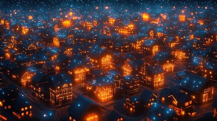 Abstract illustration of a city with glowing houses connected by network lines