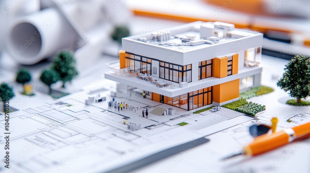 Poster aerial perspective of an architect's workspace featuring design plans models and tools for urban pro