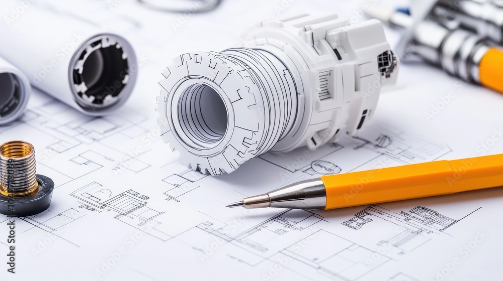 Poster a comprehensive overview of an architect's workspace tools plans and creative process from above