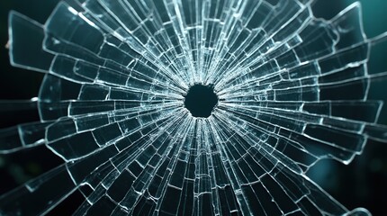 Fototapeta premium Shattered glass window with intricate cracks spreading from center