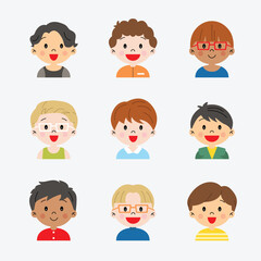 Group of boys avatar cute illustration in different outfits and hairstyle simple minimalist design kawaii decorative element set icon bundle drawing
