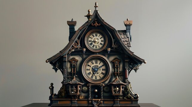 An historical timepiece clock with an odd roof design made suited to use in history or design contexts