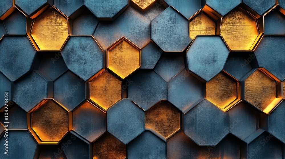 Poster A striking wall features hexagonal shapes in blue and gold, creating a modern and artistic atmosphere. The interplay of colors and shadows adds depth and visual interest to the design.