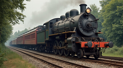 Naklejka premium Vintage steam locomotive traveling through lush forest landscape