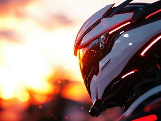 Fototapeta premium Futuristic Helmet Against a Dazzling Sunset A Vision of Advanced Technology and Design