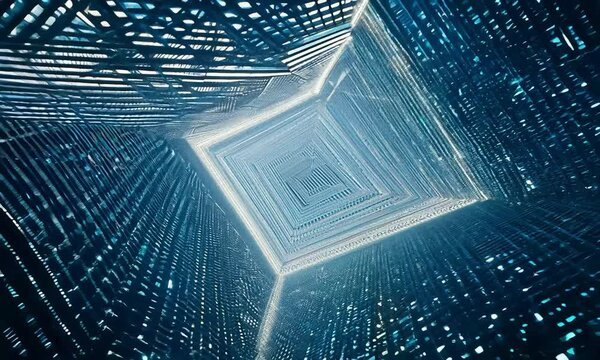 Overhead shot with dynamic patterns: The camera starts with a close-up of micro-particles arranged in a geometric pattern. The camera moves overhead to reveal dynamic lighting that enhances the patter