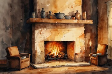 Watercolor Illustration of a Cozy Room with a Fireplace