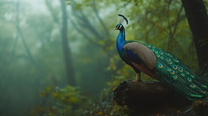 Obraz premium A vibrant peacock perched on a log in a misty forest, showcasing its stunning plumage.
