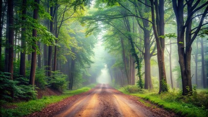 Obraz premium High angle view of tree lined dirt road in forest on misty foggy morning