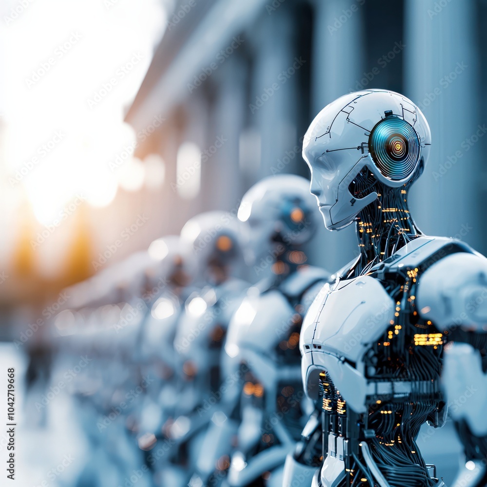 Poster futuristic robots showcase advanced technology in modern urban environment with enhanced features