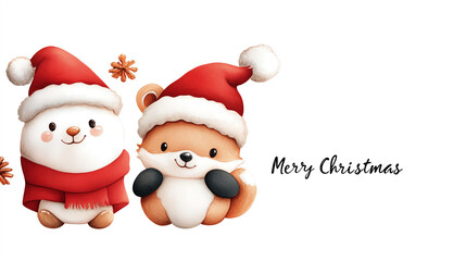 Fototapeta premium Cute characters in Santa hats celebrating Christmas, white isolate background