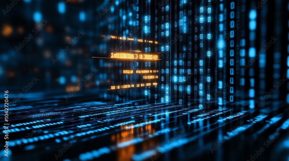 Poster digital data streams in blue and orange, abstract technology backdrop.