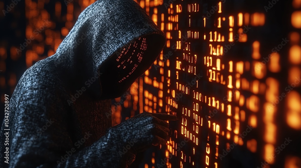 Poster hacker in a hoodie working against a glowing code wall at night.