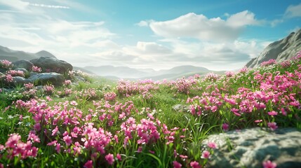 An idyllic skies a field of green next to a stony gradient is filled with bunches of pink flowers