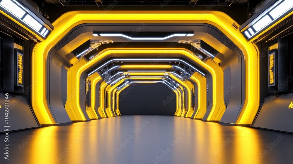 Poster abstract interpretation of an empty yellow tunnel light room background for creative spaces