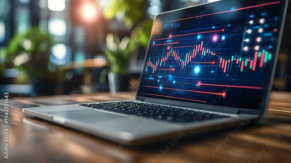 Poster modern laptop displaying financial data and analytics in a stylish workspace.