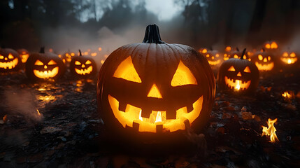 Spooky Halloween Jack-o'-Lantern in a Foggy Forest - Realistic 3D Image