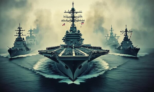 Naval Combat Fleet Operations: Professional Documentation of Aircraft Carrier Strike Group with Escort Vessels During Maritime Deployment