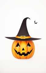 A cheerful Halloween pumpkin wearing a witch's hat, complete with a smiling face, set against a plain background.