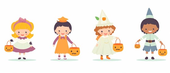 Obraz premium Four children in Halloween costumes hold pumpkin buckets, celebrating the festive spirit of trick-or-treating.