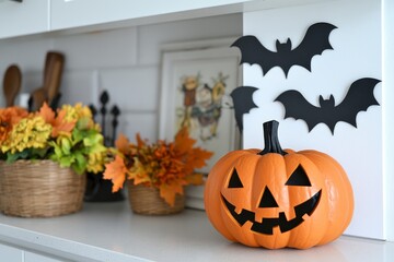 Fototapeta premium A photo of Halloween decorations on a kitchen counter, featuring pumpkins, bat-shaped cutouts, and a carved orange pumpkin surrounded by fall foliage in baskets.