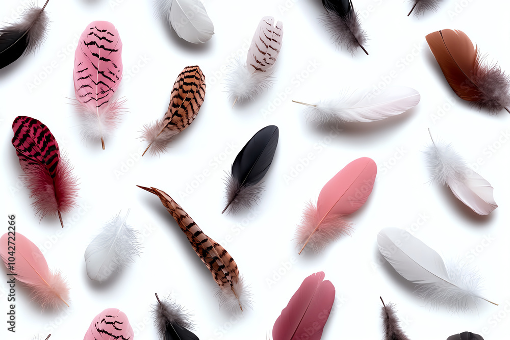 Poster beautiful array of colorful feathers displayed on a white background for artistic inspiration and de