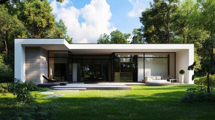 Modern house with large windows and a patio surrounded by a lush green lawn and trees.