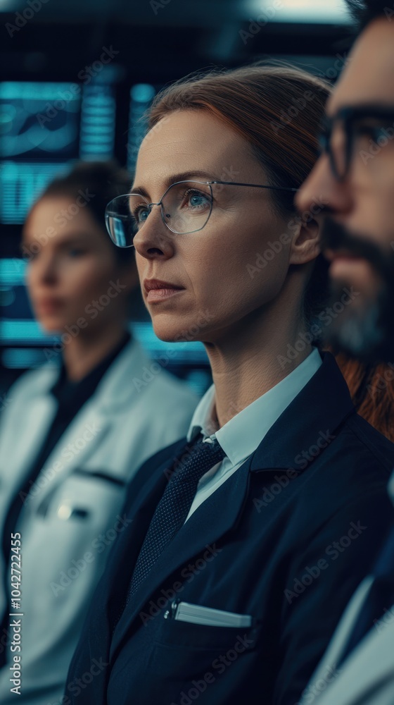 Poster focused scientists in high-tech environment analyzing data and collaborating on research innovations
