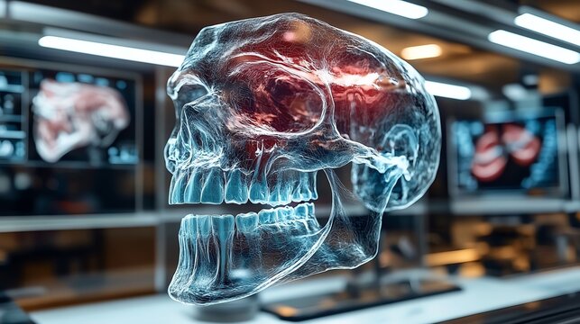 Transparent skull showcasing detailed brain anatomy on a clinical background.