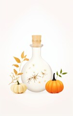 A decorative glass bottle surrounded by small pumpkins and autumn leaves, creating a festive fall atmosphere.