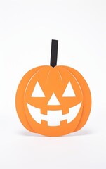 A cheerful orange pumpkin decoration with a smiling face and cut-out features, perfect for Halloween festivities.