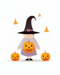 A whimsical of a girl in a witch hat with smiling pumpkins, celebrating Halloween.