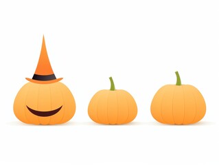 Three pumpkins in a row, with the left one wearing a witch's hat and a smiling face, set against a white background.