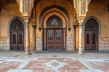 Obraz premium Intricate architectural details of a historical mosque, showcasing grand doors, elaborate arches, and colorful mosaics