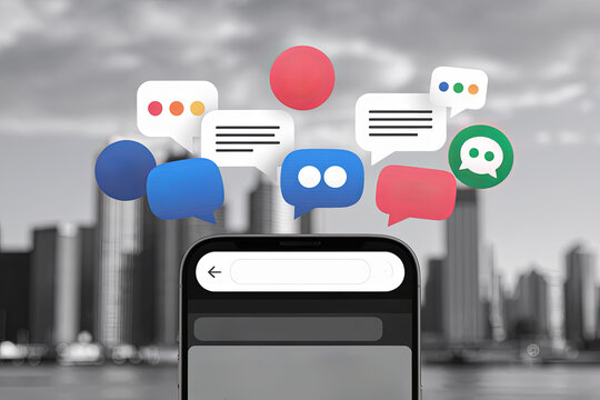 Instant messaging icons floating above a smartphone