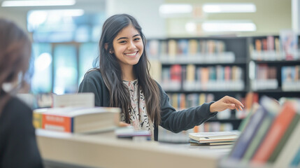 High school student assists visitors at a local library while shelving books during the day