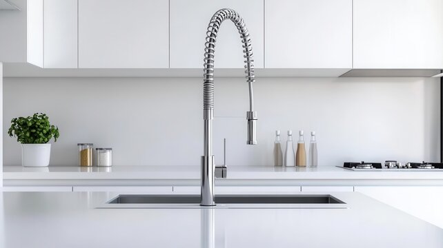 A clean white kitchen with disinfected surfaces, emphasizing minimalism and order, hygiene concept