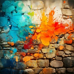A rustic stone wall featuring vibrant splashes of blue, orange, and red paint, with visible cracks adding texture and character.