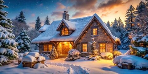 Fototapeta premium Cozy winter Christmas of a cottage house covered in snow, winter, Christmas,card, cottage, house, cozy, snowy, holiday