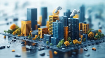 Miniature Cityscape with Smoke and Trees