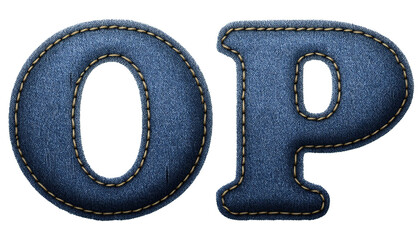 O-P Realistic sewn denim fabric letters O P isolated on white background textured alphabet...