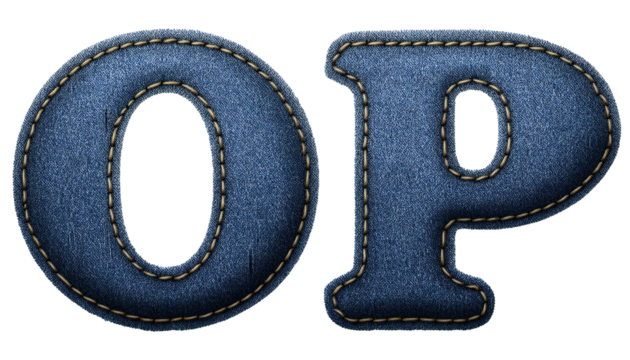 O-P Realistic sewn denim fabric letters O P isolated on white background textured alphabet stitching effect