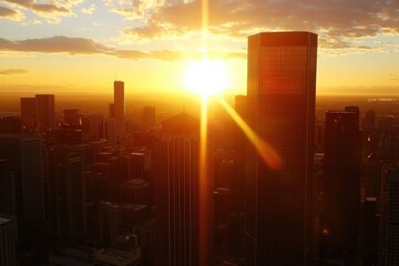 Obraz premium Golden Sunset Over Urban Skyline A Breathtaking View of City Life at Dusk