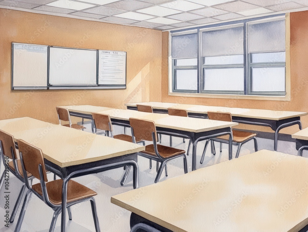 Poster bright and inviting classroom setting with desks and windows for effective learning environment