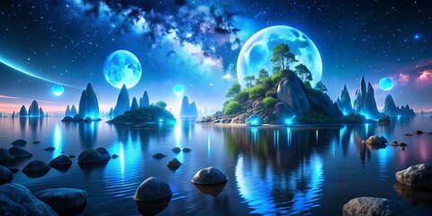 Naklejka premium A celestial landscape with a serene blue lake reflecting the ethereal glow of luminous moons and scattered stars
