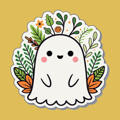 Sticker Cute ghost with floral and nature elements, kawaii style, for Halloween or autumn-themed web design, stickers, textile patterns
