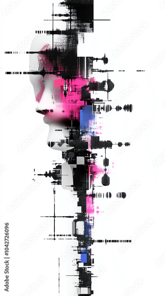 Poster abstract digital portrait with vibrant color splashes and geometric elements