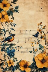 Naklejka premium A serene blend of nature and music illustrative floral design featuring birds and sheet music on vintage background