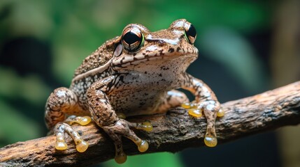 A close-up of a frog perched on a branch, showcasing its vibrant eyes and textured skin.